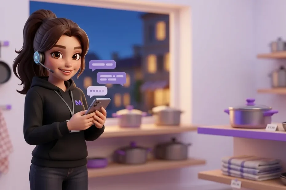 Marichka is in the kitchenware shop by the shelf with saucepans, holding a smartphone with a chat open