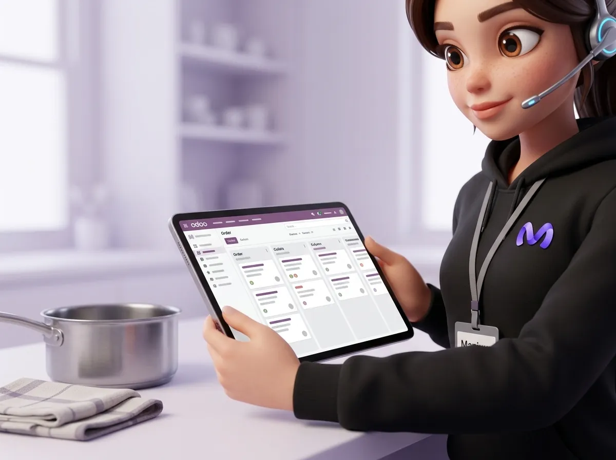 Close-up of a female manager's hands with a tablet: on the screen is a kanban board with textless cards, next to it on the table are a saucepan and a folded tea towel